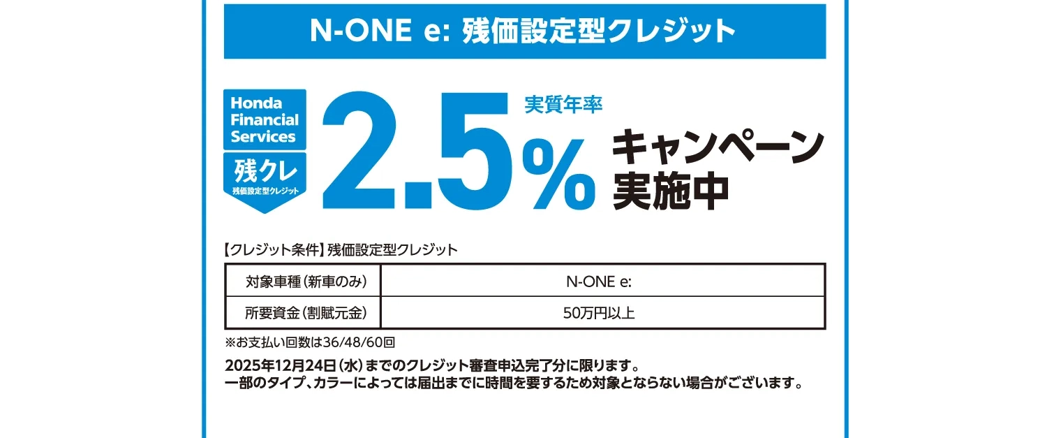 Honda N-ONE e:対象の残価設定型クレジットキャンペーン—実質年率2.5%