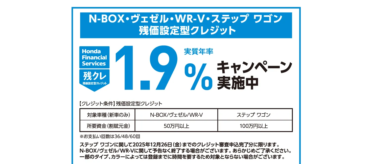 Hondaヴェゼル・WR-V対象の残価設定型クレジットキャンペーン—実質年率1.9%