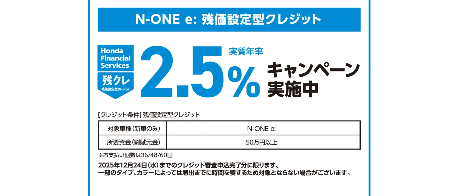 Honda N-ONE e:対象の残価設定型クレジットキャンペーン—実質年率2.5%